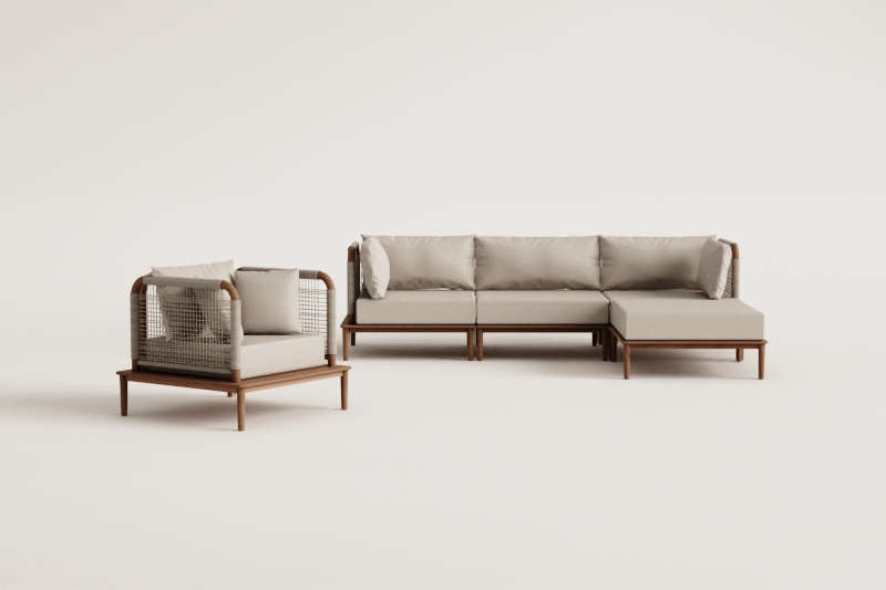 Set da salotto con divano modulare a 3 pezzi con 2 poltrone angolari, pouf e poltrona in acacia Giulia