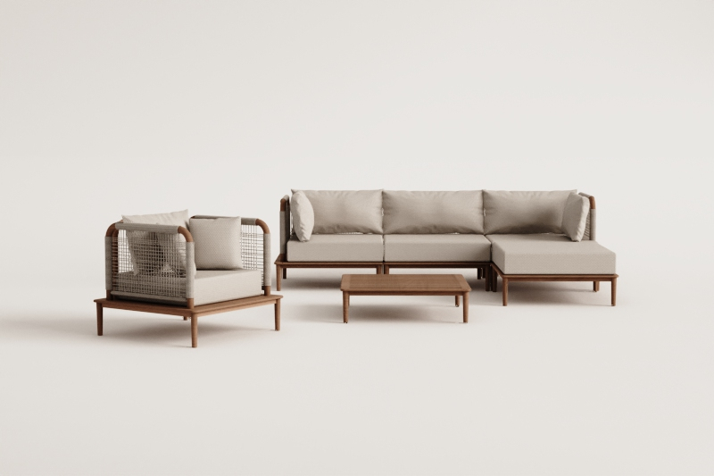 Set da salotto con divano modulare a 3 pezzi con 2 poltrone angolari, pouf, poltrona e tavolino in acacia Giulia