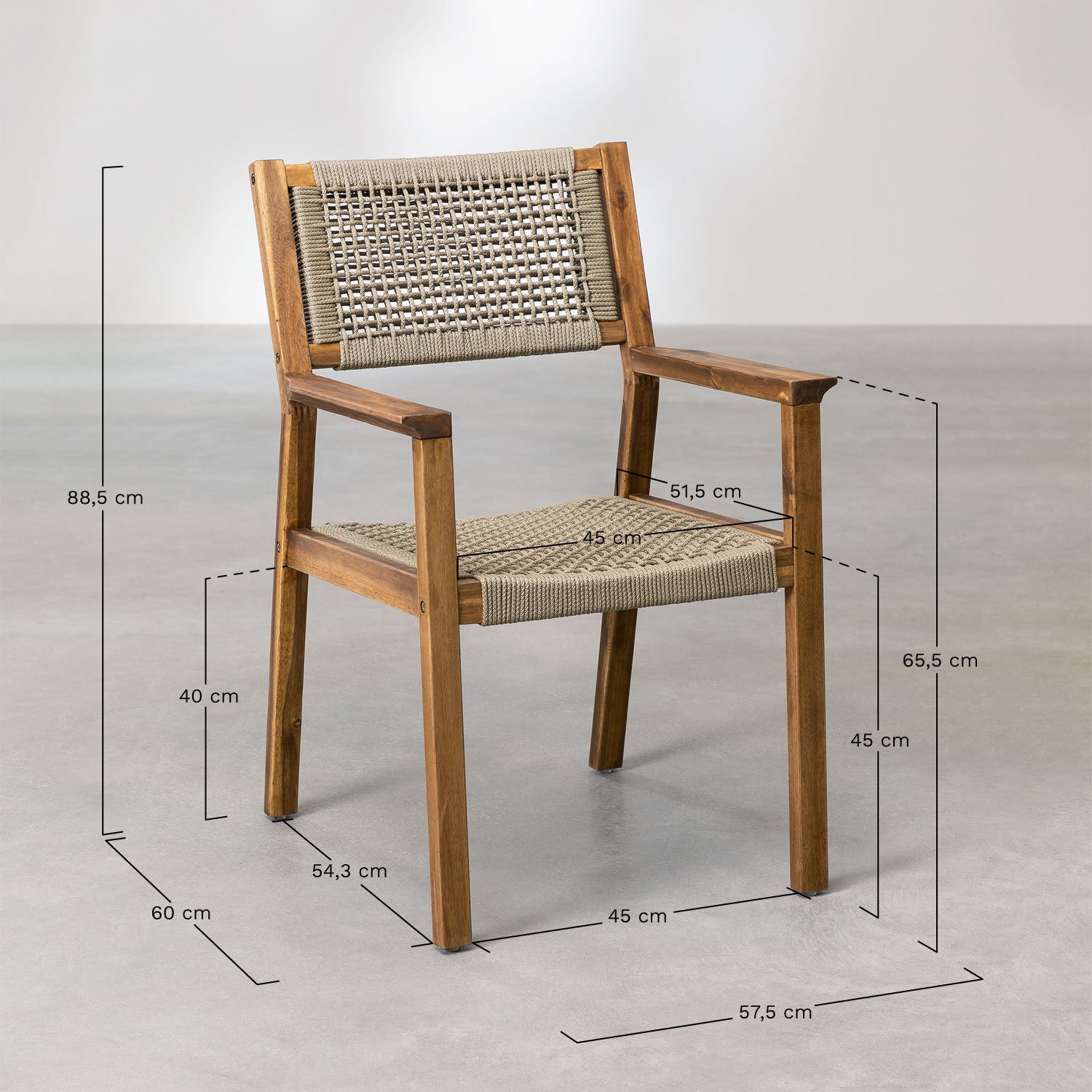 Sedia da giardino con braccioli in legno di acacia e corda intrecciata Tenay Square, MISURE