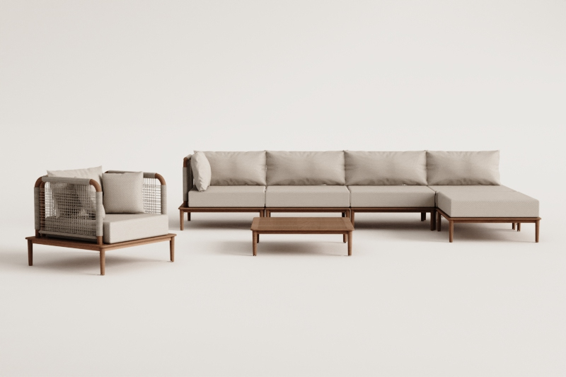 Set da salotto con divano modulare angolare a 4 pezzi, tavolino da caffè, pouf e poltrona in acacia Giulia