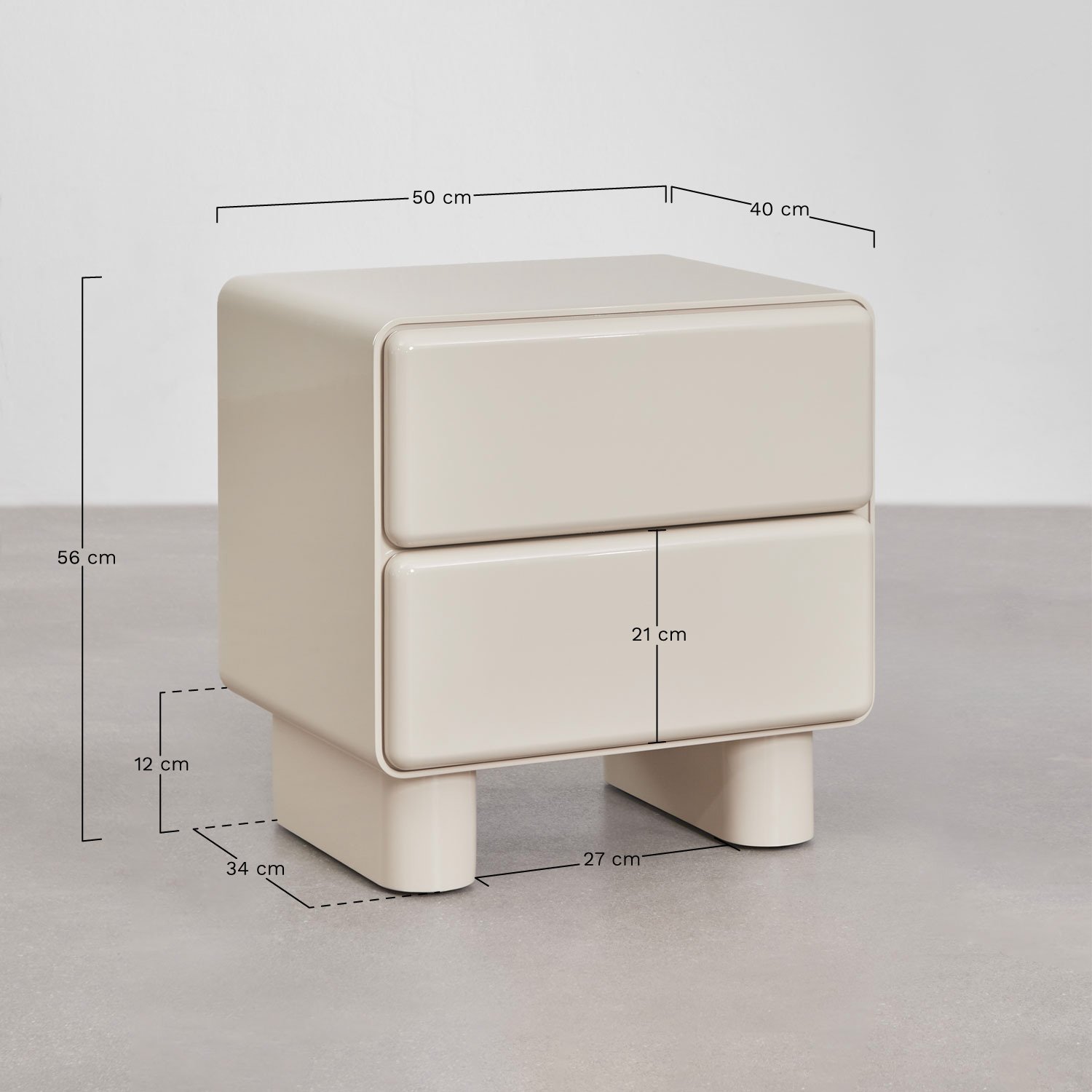 Comodino con due cassetti in MDF Sheila, MISURE