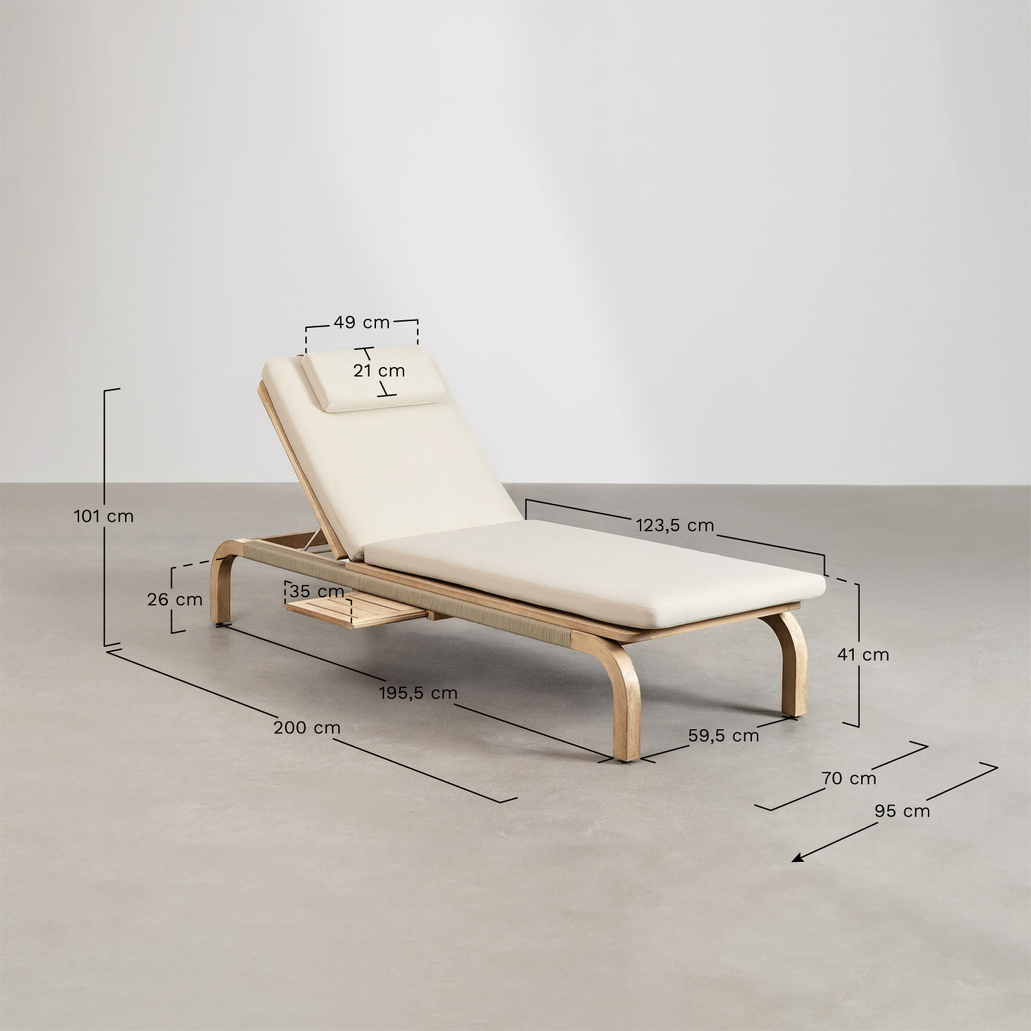 Set di 2 lettini reclinabili in legno di acacia con cuscino Dubai, MISURE