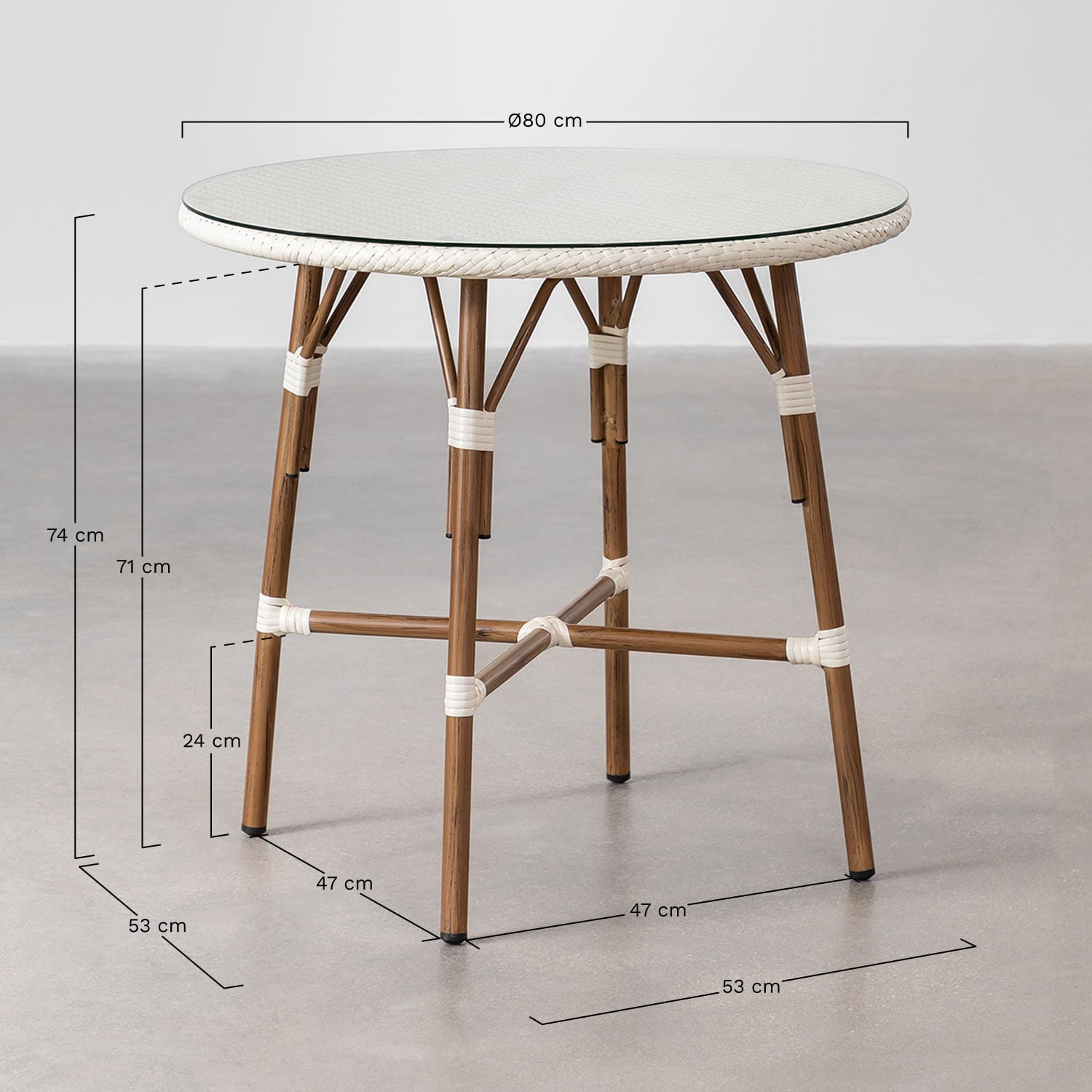 Set tavolo rotondo Brielle Bistro (diametro 80 cm) e 4 sedie da giardino impilabili in alluminio, MISURE