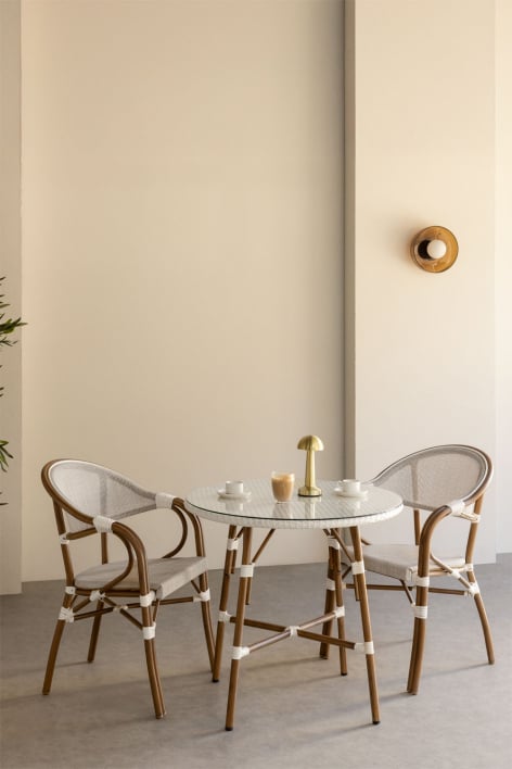 Set da tavolo rotondo Brielle Bistro, Ø80 cm, e due sedie da pranzo impilabili con braccioli in alluminio. - Gardenia Bianco