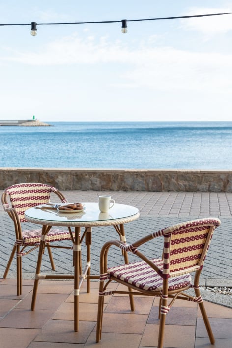 Set tavolo rotondo Brielle Bistro Ø80 cm e 2 sedie da giardino con braccioli in rattan sintetico e alluminio Solange Bistro