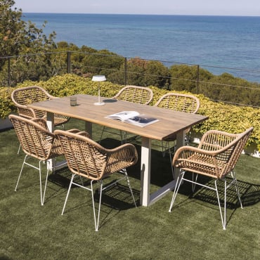 Set Tavolo Rettangolare 180x90 Cm In Legno Di Acacia E Acciaio Maupi E 6 Sedie Da Giardino In Vimini Sintetico Zole Gardenia Bianco & Senza Cuscino -