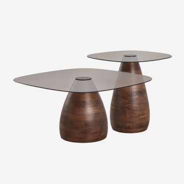 Set Di 2 Tavolini Da Caffè Quadrati In Legno Di Mango E Vetro Temperato Mariana Maniglia In Legno Scuro - Sklum