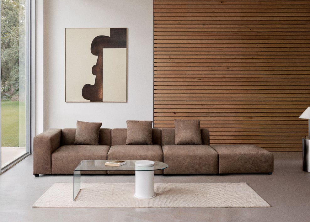 Divano modulare angolare sinistro a 3 pezzi con bracciolo alto e pouf ↔︎370 cm Bruna