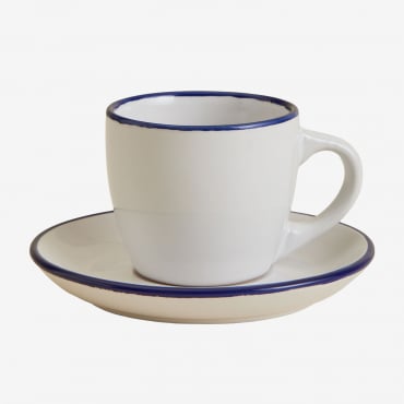 Confezione Da 2 Tazze Da Caffè In Gres Ronilena Con Piattini, 9 Cl Bianco Gardenia - Blu Ken - Sklum