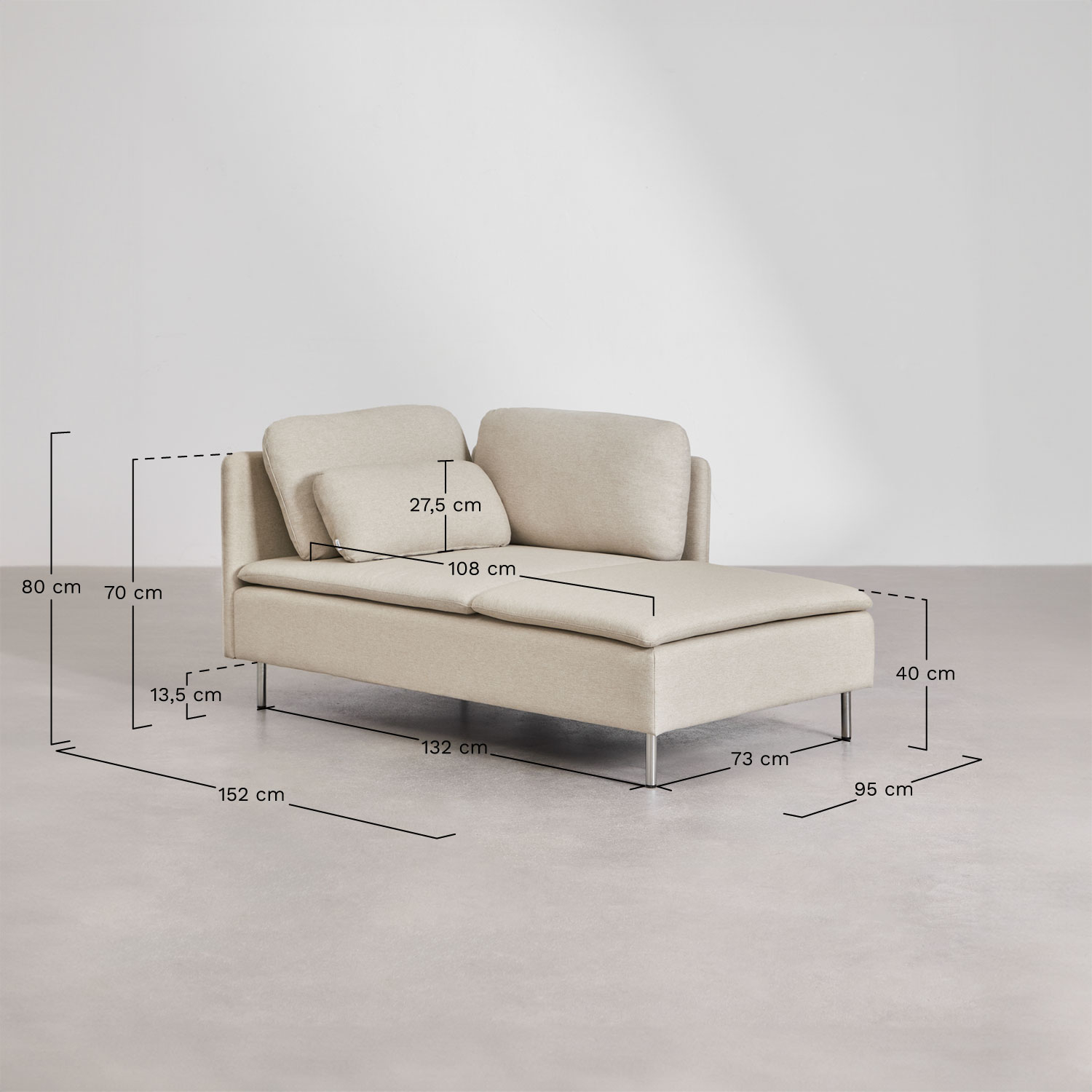 Modulo chaise longue destro con braccioli per divano componibile Oriol, MISURE