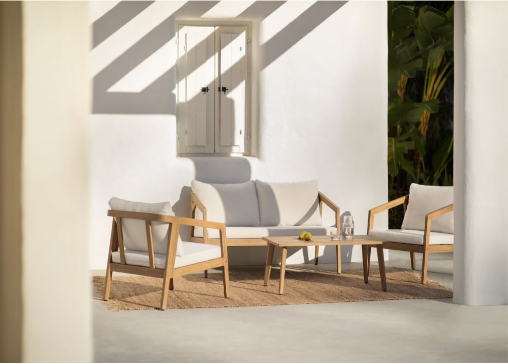 Divano da giardino a 2 posti in legno di acacia Kaela - Tessuto Gardenia Bianco