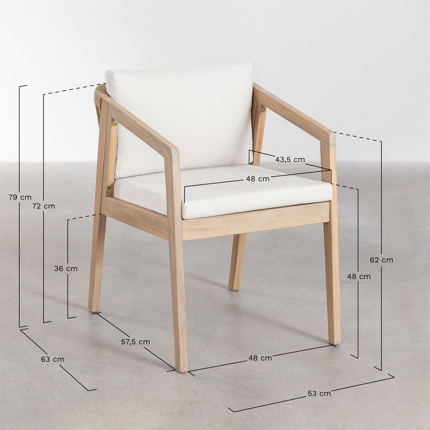 Sedia da giardino Kaela in legno di acacia e corda intrecciata, MISURE