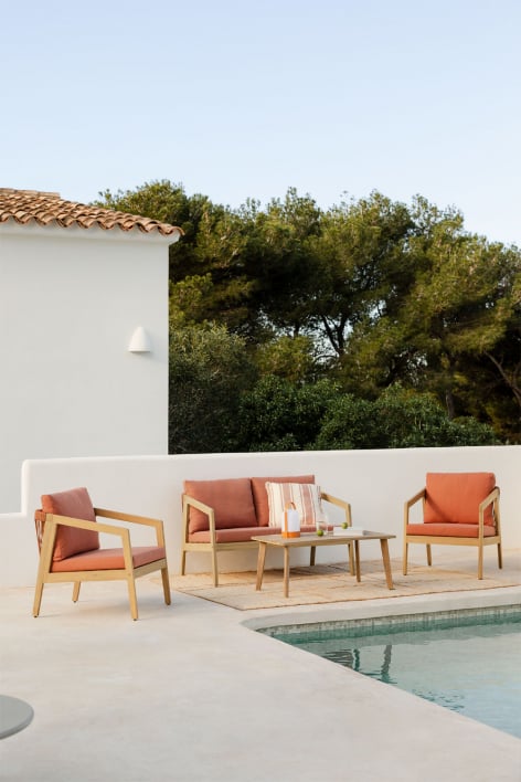 Set da giardino con divano 2 posti, 2 poltrone e tavolino in legno di acacia e corda intrecciata Kaela - Tessuto Tetto Rosso