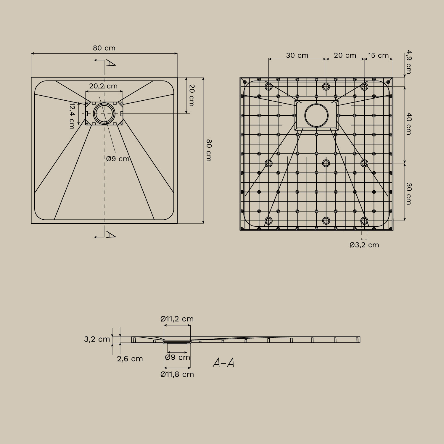 Piatto doccia Soho quadrato, antiscivolo, extrapiatto in resina SMC, MISURE