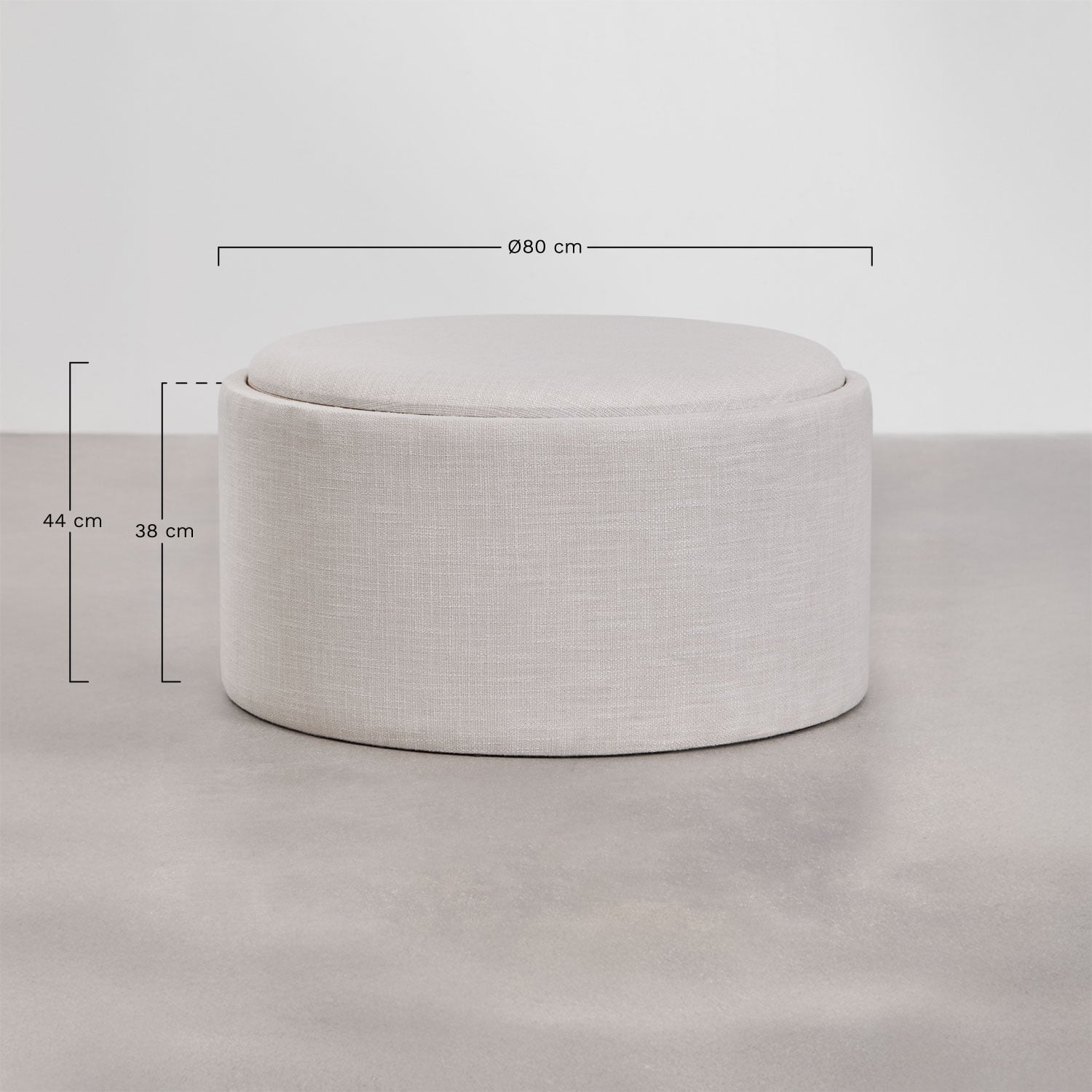 Pouf rotondo imbottito Berkeleni con vassoio e contenitore, MISURE