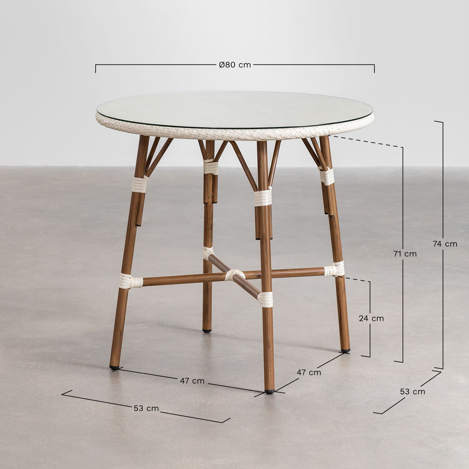 Set tavolo rotondo Brielle Bistro (diametro 80 cm) e 4 sedie da giardino impilabili in alluminio, MISURE