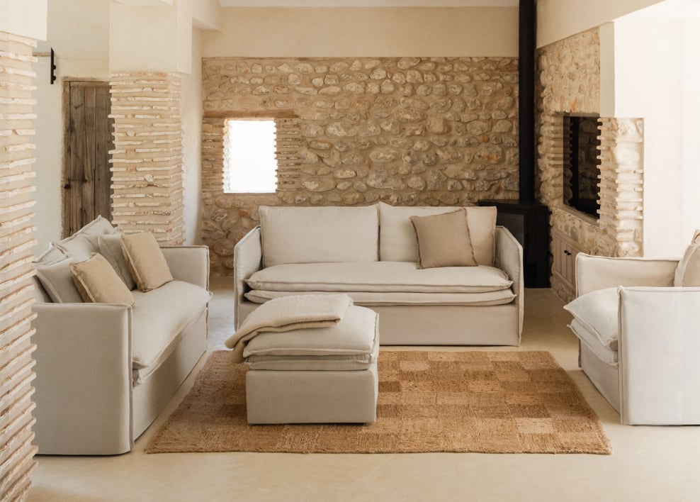 Set da soggiorno con divano a 2 posti, divano a 3 posti, poltrona e pouf in lino e cotone Grace - Tessuto Beige