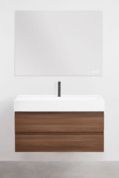 Set di mobili da bagno sospesi in legno e impiallacciatura di frassino con lavabo integrato Ona - Legno Scuro
