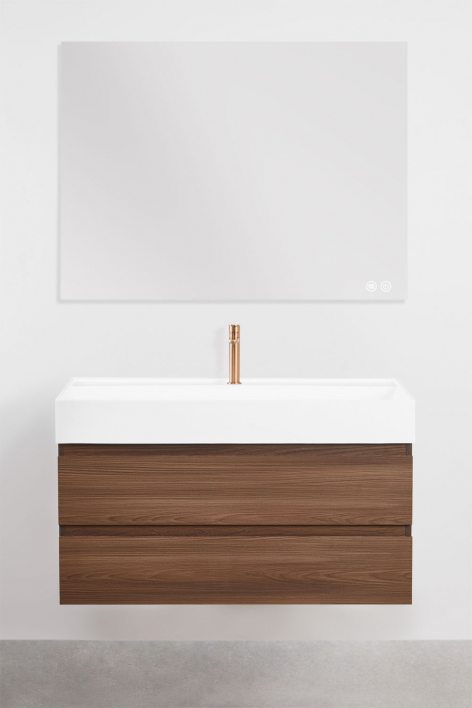 Set di mobili da bagno sospesi in legno e impiallacciatura di frassino con lavabo integrato Ona - Legno Scuro