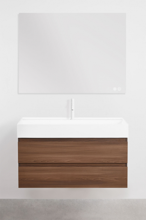Set di mobili da bagno sospesi in legno e impiallacciatura di frassino con lavabo integrato Ona - Legno Scuro