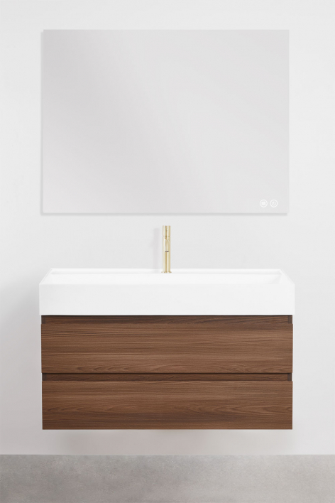 Set di mobili da bagno sospesi in legno e impiallacciatura di frassino con lavabo integrato Ona - Legno Scuro