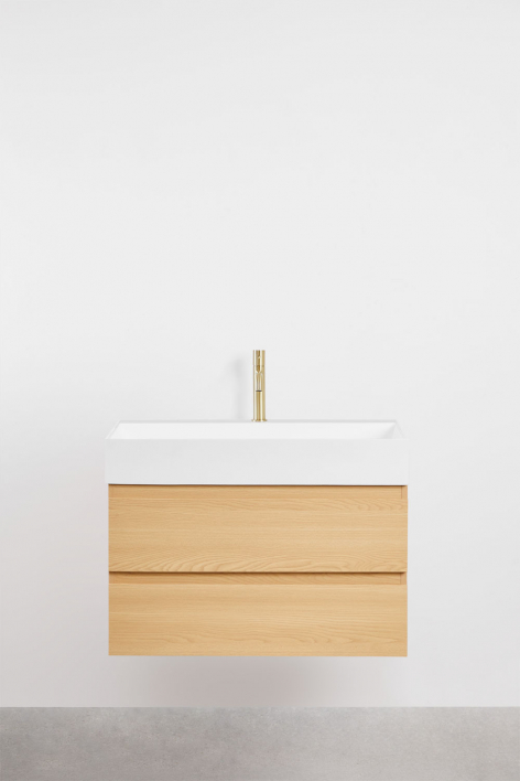 Set di mobili da bagno sospesi in legno e impiallacciatura di frassino con lavabo integrato Ona - Legno Naturale