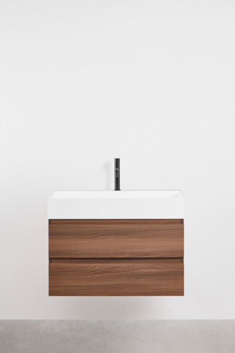 Set di mobili da bagno sospesi in legno e impiallacciatura di frassino con lavabo integrato Ona - Legno Scuro