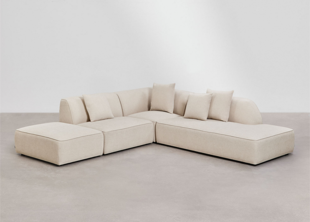 Divano angolare modulare Cardea a 3 pezzi con chaise longue destra e pouf imbottito - Ciniglia Beige Crema