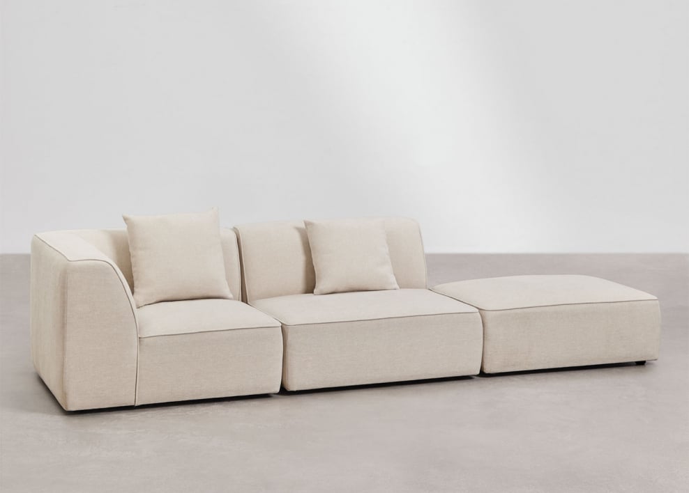 Divano angolare componibile Cardea 2 pezzi con pouf imbottito - Ciniglia Beige Crema