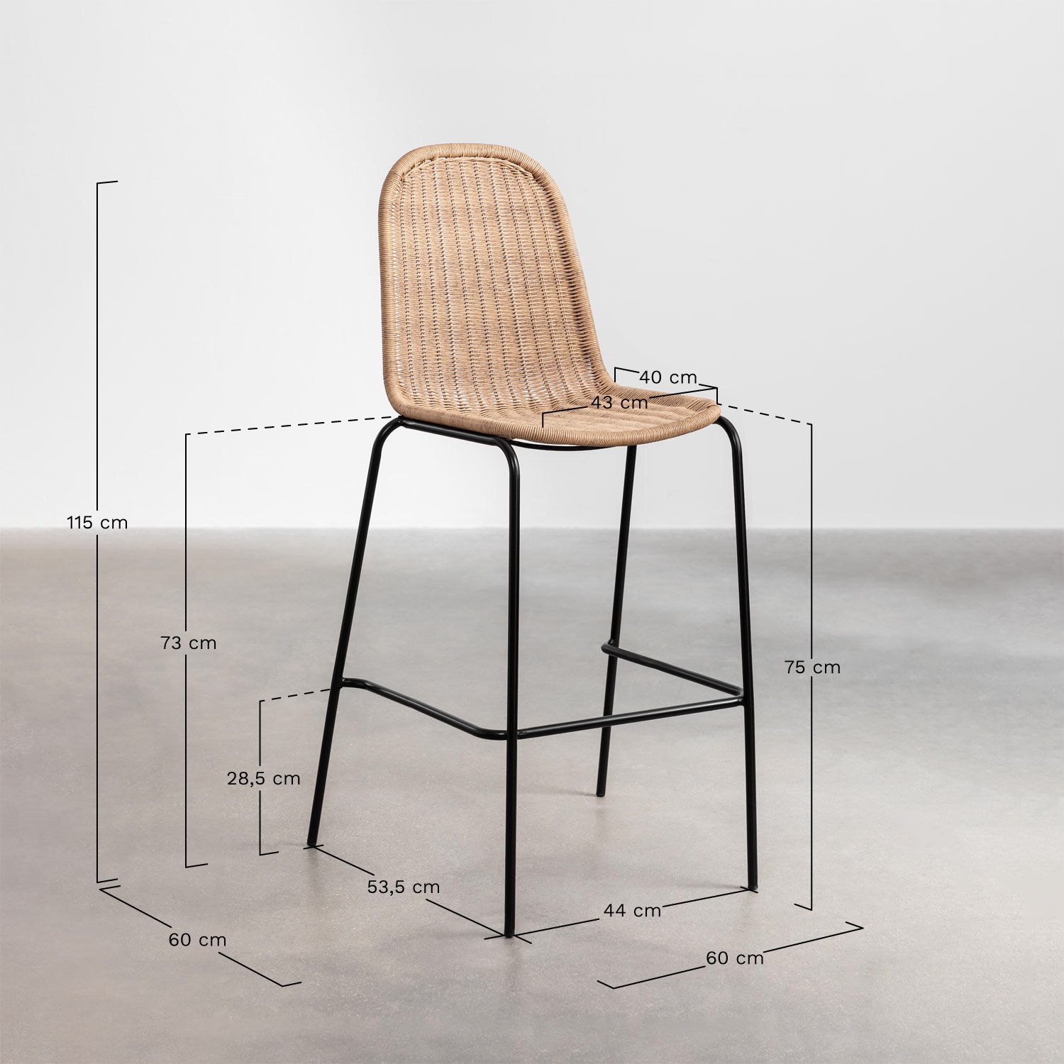 Set di 4 sgabelli alti da giardino impilabili in midollino sintetico Reiven, MISURE