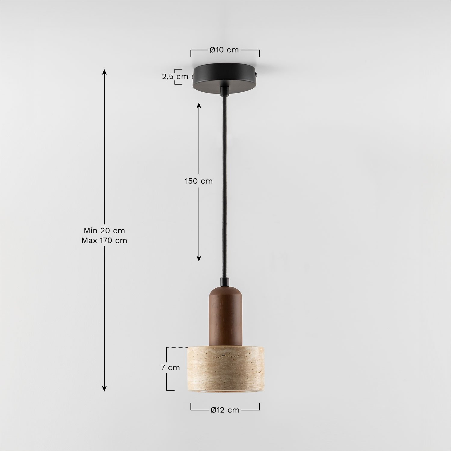 Lampadario Ø12 cm in travertino e legno Davise, MISURE