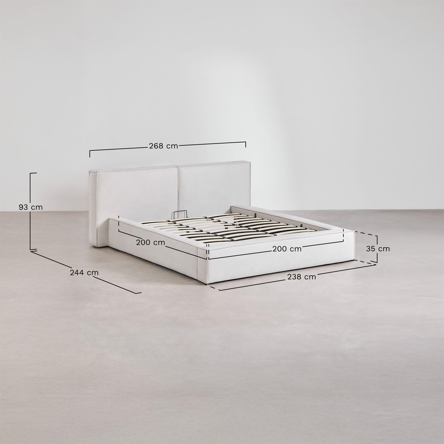 Letto con contenitore imbottito Lunari, MISURE