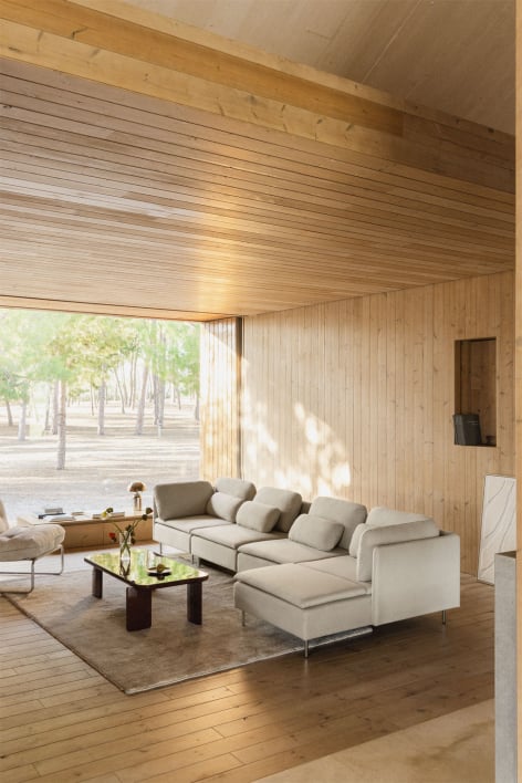 Divano modulare con chaise longue destra a 4 pezzi con modulo angolare Oriol - Tessuto Beige Crema