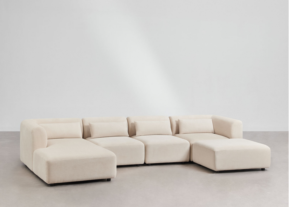 Divano modulare chaise longue sinistro a 4 pezzi con pouf Fogler - Velluto a Coste Beige Lin
