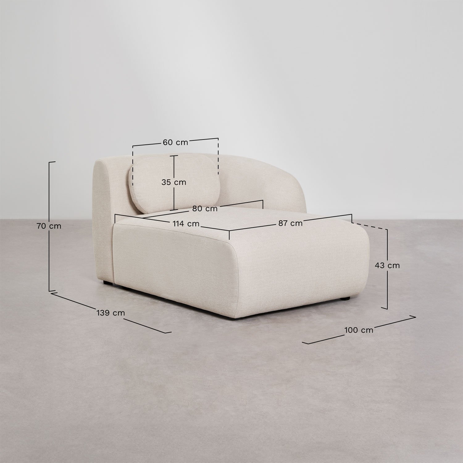 Modulo chaise longue destro per divano modulare in ciniglia Coquette, MISURE