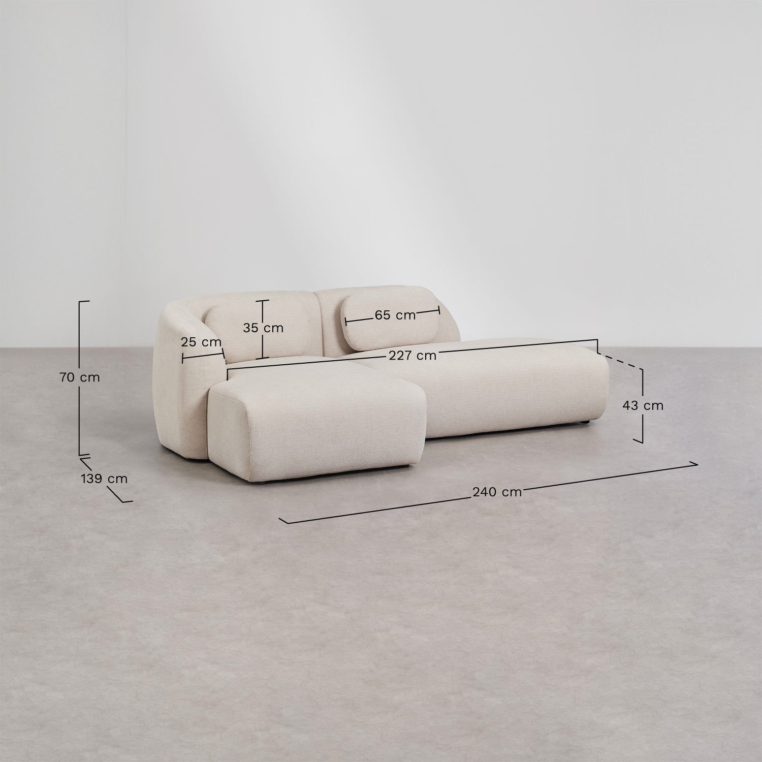 Divano modulare chaise longue sinistro a 2 pezzi con divano destro in ciniglia Coquette, MISURE