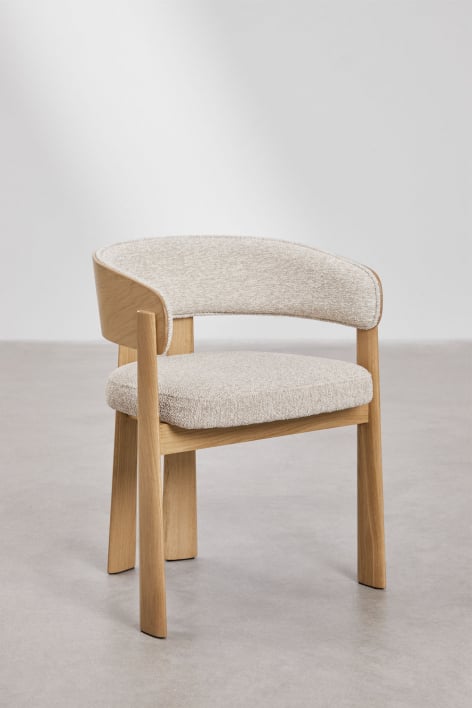 Set di 2 sedie da pranzo con braccioli, rivestite e in legno di quercia Olea - Bouclé Beige Crema