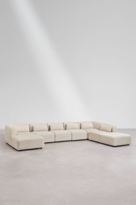 Divano componibile chaise longue sinistra 6 pezzi con pouf Fogler - Velluto a Coste Beige Lin