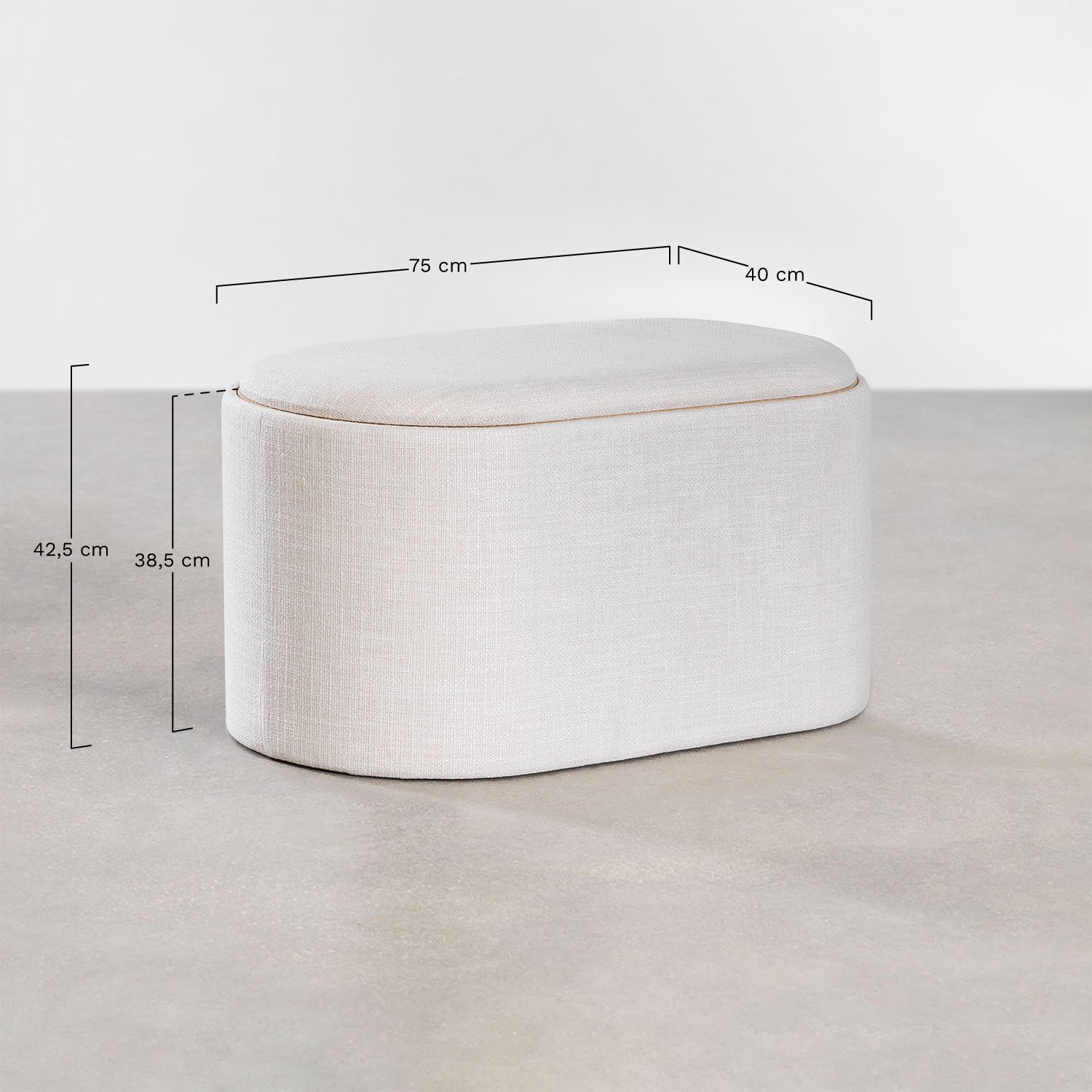 Pouf ovale imbottito Berkeleni con vassoio e contenitore, MISURE