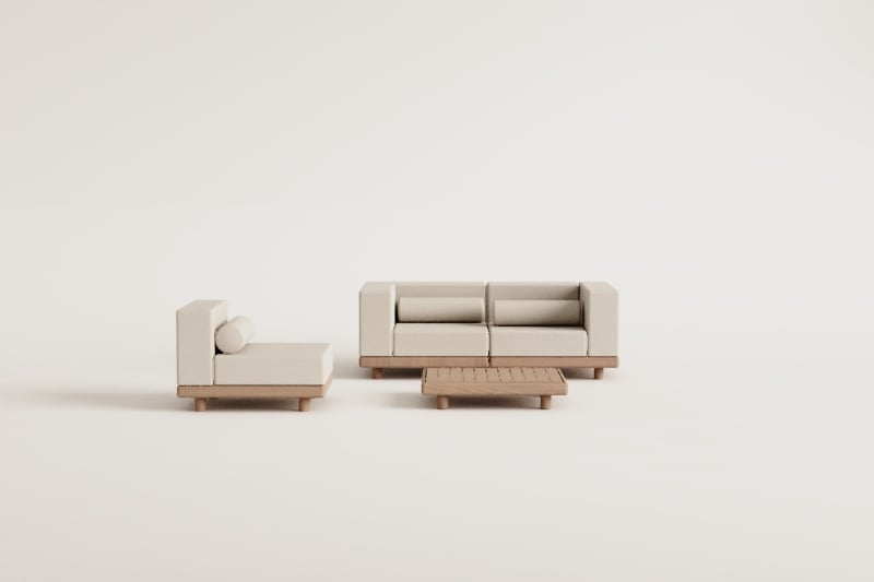 Conjunto da giardino con divano modulare a 2 pezzi con 2 moduli angolari, poltrona e tavolino in acacia Edrien