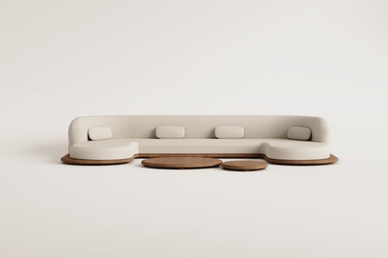 Set da giardino con divano modulare chaise longue a 4 pezzi e 2 tavolini in legno di acacia Gerard