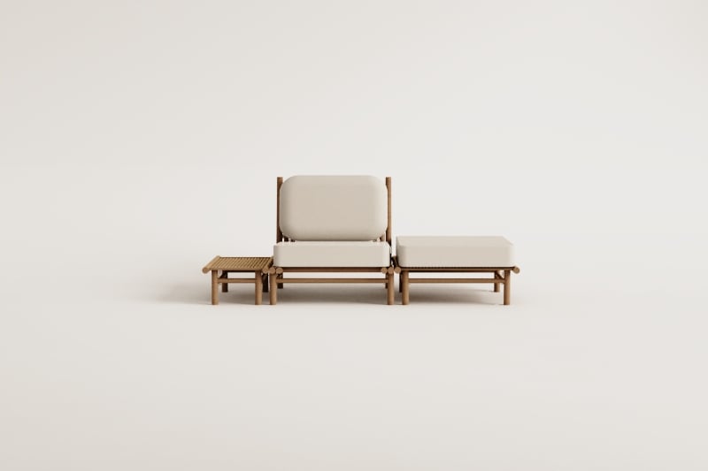 Set da giardino con poltrona, pouf e tavolino laterale rettangolare 75x40 cm in bambù Isendra