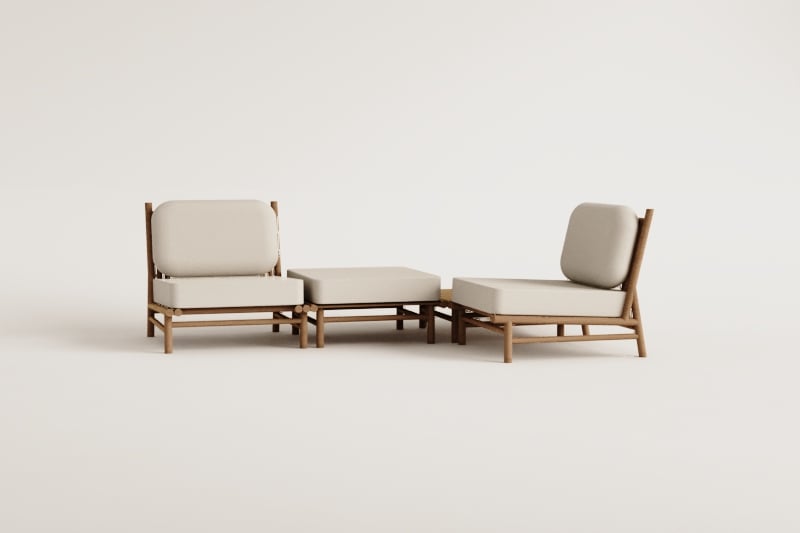 Set da giardino con 2 poltrone, pouf e tavolino quadrato 75x75 cm in bambù Isendra