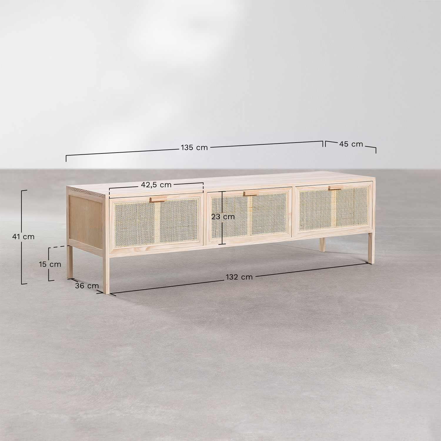 Mobile TV 135x45 cm in rattan e legno Reyna, MISURE