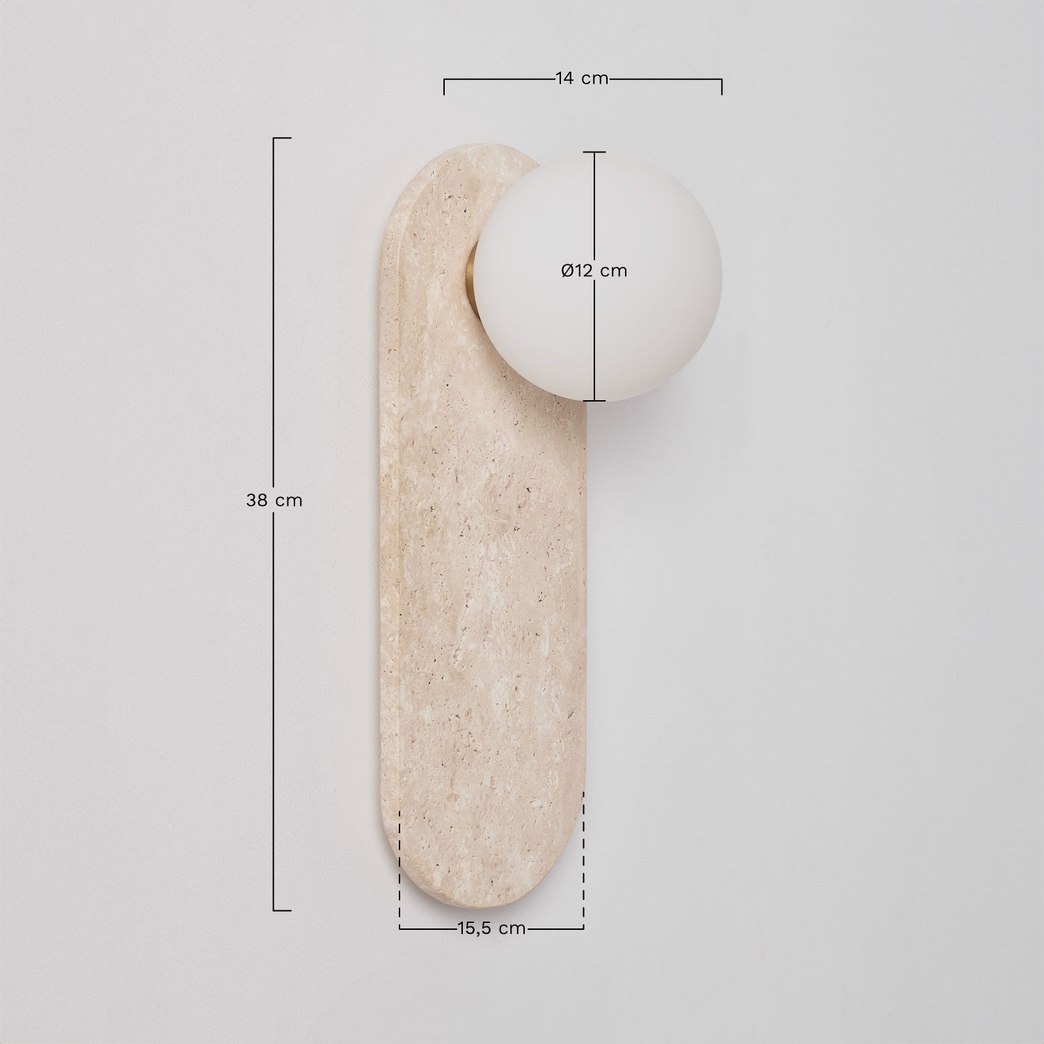 Applique da parete in travertino con sfera di vetro Davise, MISURE