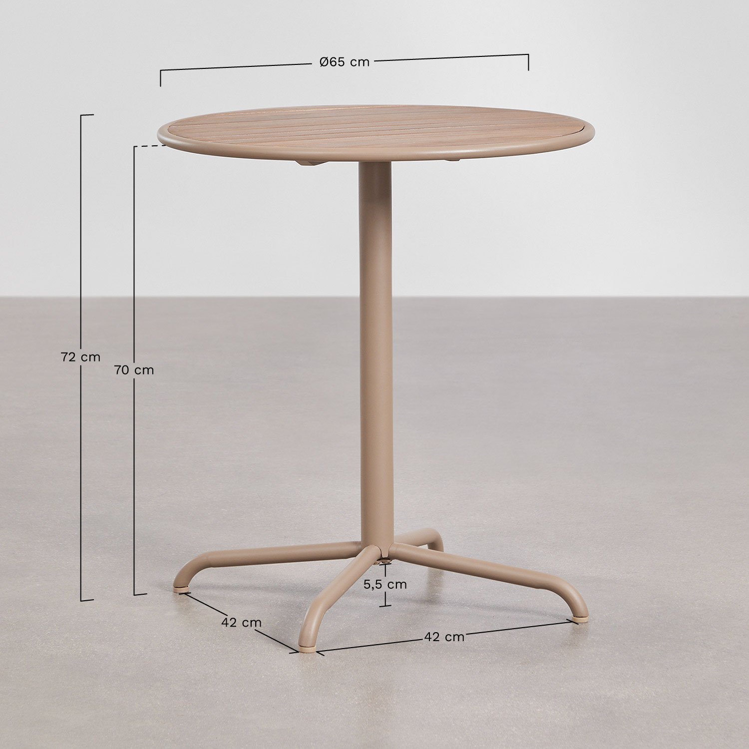 Set da giardino rotondo Ø65 cm con 4 sedie da giardino impilabili in acciaio e legno di acacia Tilda, MISURE