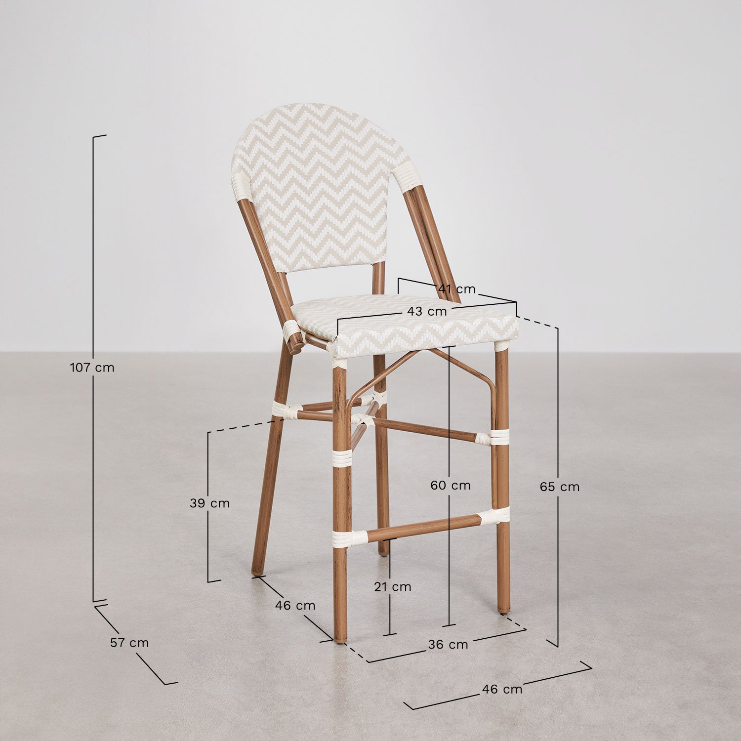 Sgabello alto impilabile da giardino con schienale in alluminio e rattan sintetico Brielle Bistro, MISURE