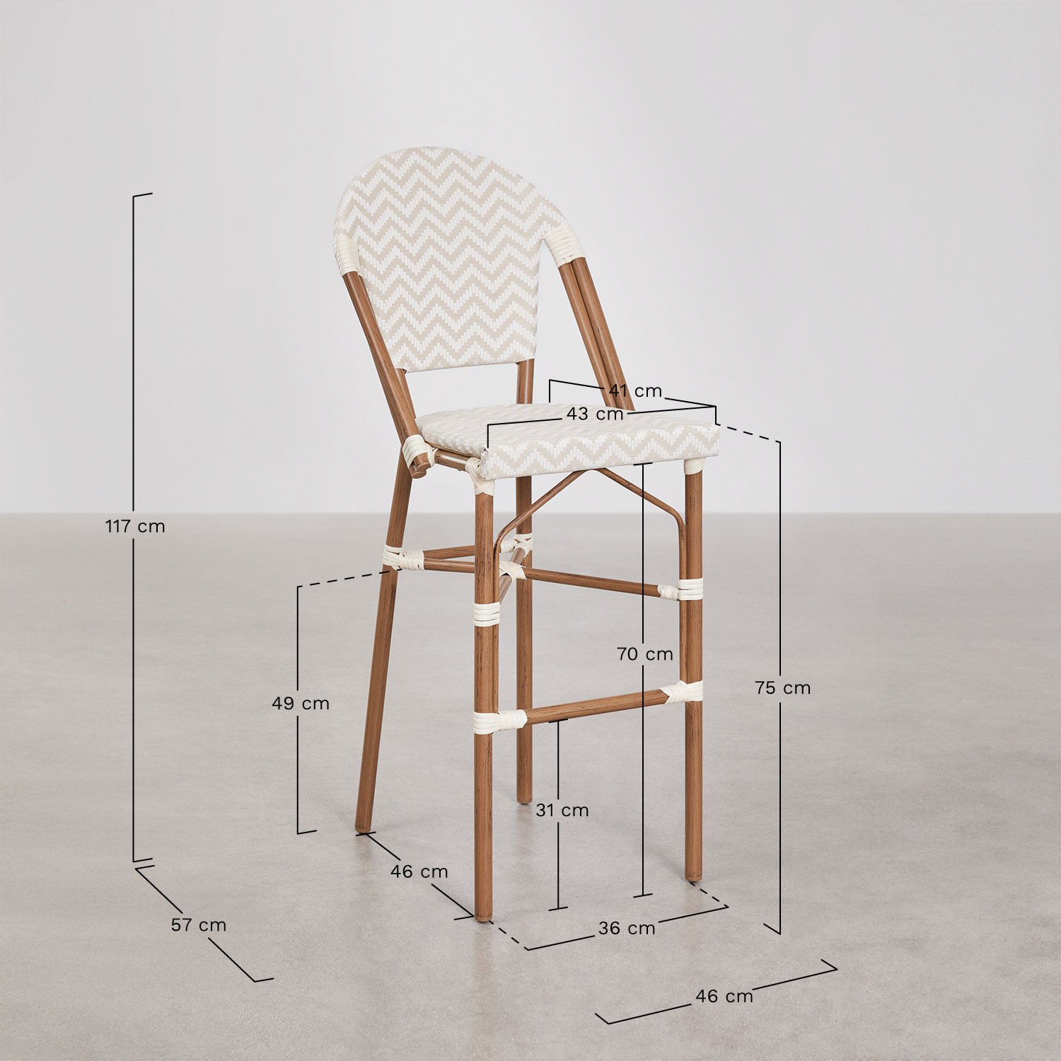 Sgabello da giardino alto impilabile Brielle Bistro con schienale in alluminio e rattan sintetico, MISURE