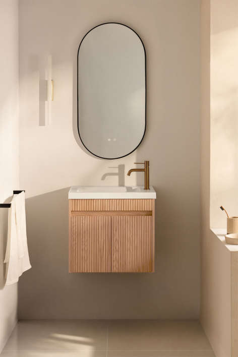 Set di mobili da bagno sospesi in legno con lavabo integrato Narek - Marrone Frassino