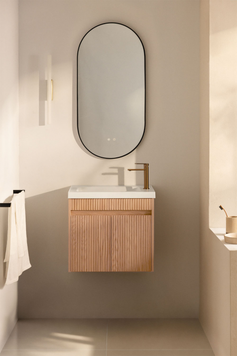 Set di mobili da bagno sospesi in legno con lavabo integrato Narek - Marrone Frassino